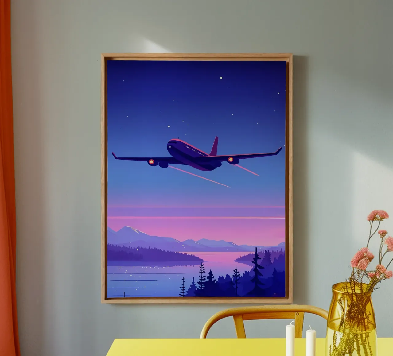Un aereo che vola sopra la foresta fluviale Lofi Art tela con Cornice a cassetta da LoFi Gallery