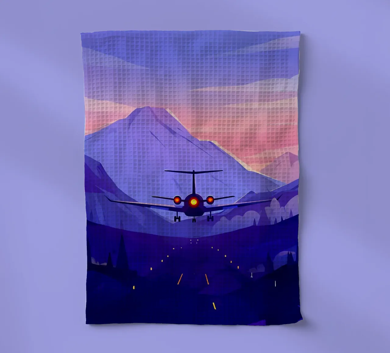 An Airplane Landing In Mountain Runway Lofi Art tea towel by LoFi Gallery