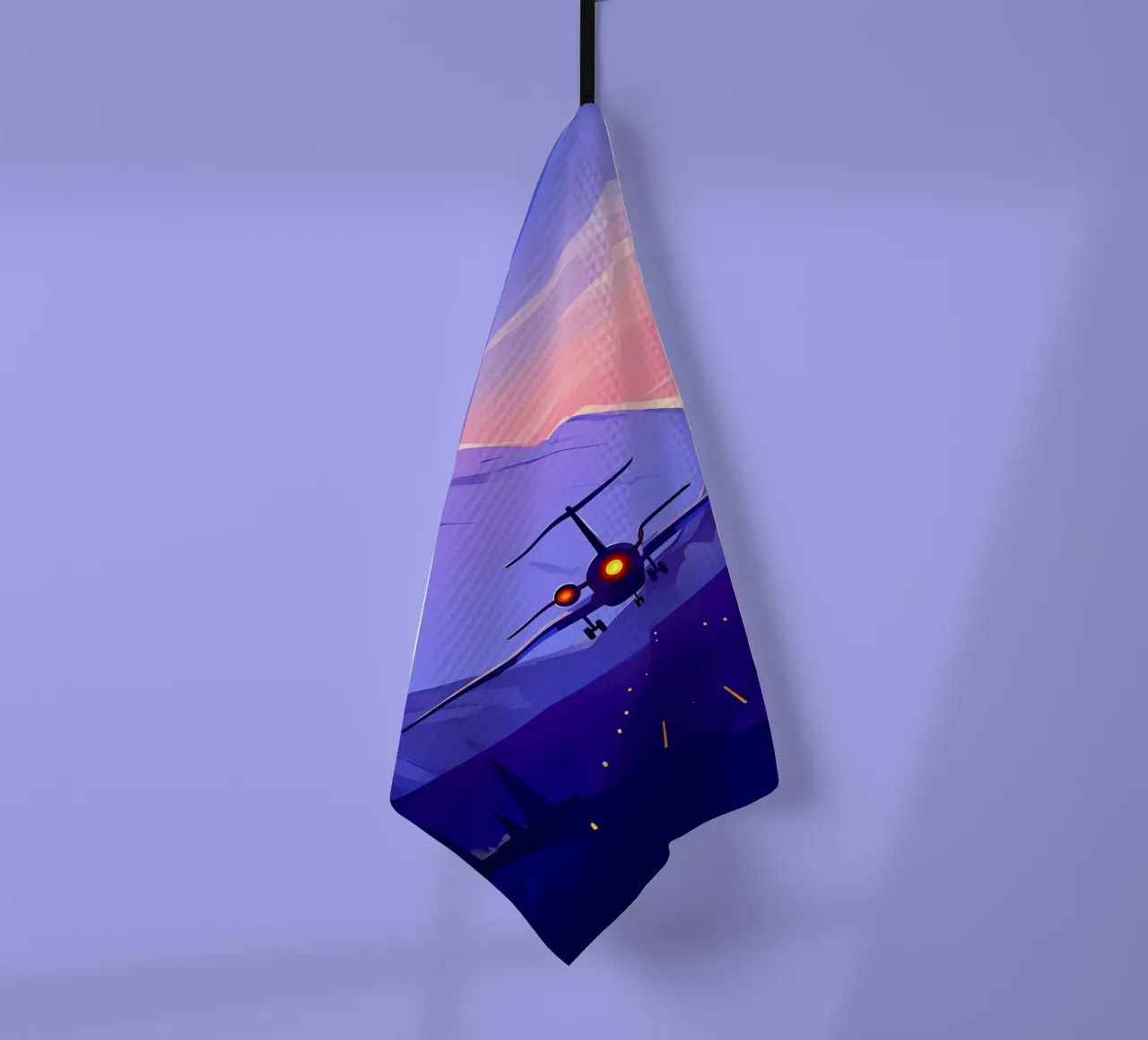 An Airplane Landing In Mountain Runway Lofi Art tea towel by LoFi Gallery