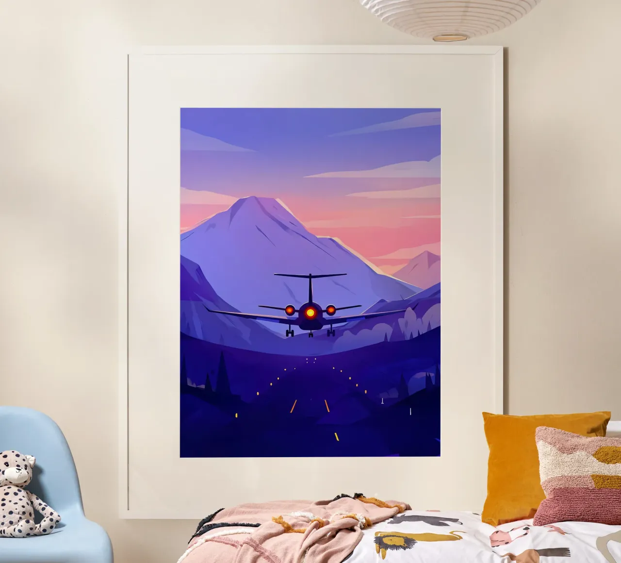 Un aereo che atterra in montagna Pista Lofi Art poster con telaio in alluminio da LoFi Gallery