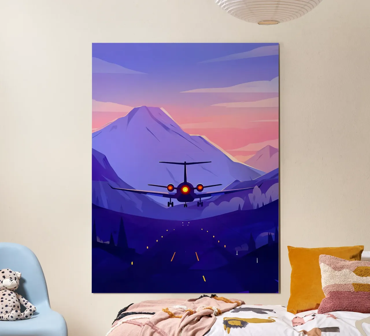 Un aereo che atterra in montagna Pista Lofi Art poster con telaio in alluminio da LoFi Gallery