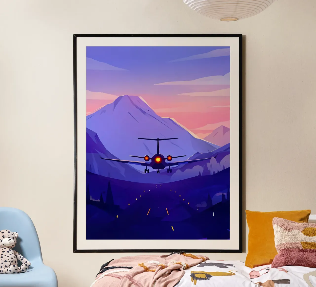 Un aereo che atterra in montagna Pista Lofi Art poster con telaio in alluminio da LoFi Gallery