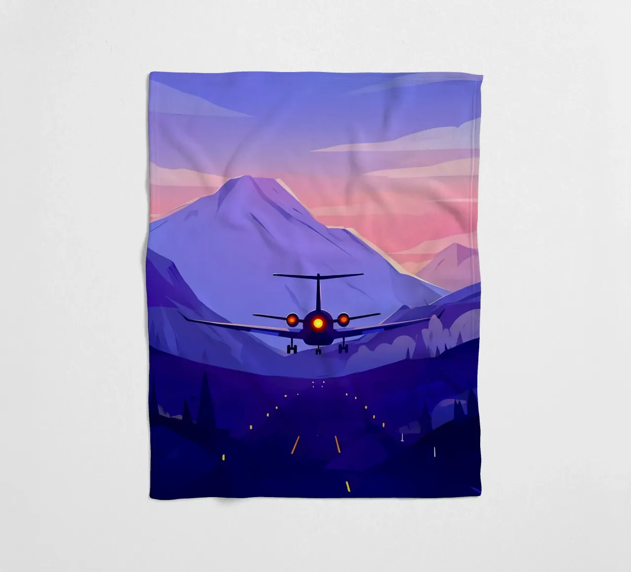 An Airplane Landing In Mountain Runway Lofi Art fleece blanket by LoFi Gallery