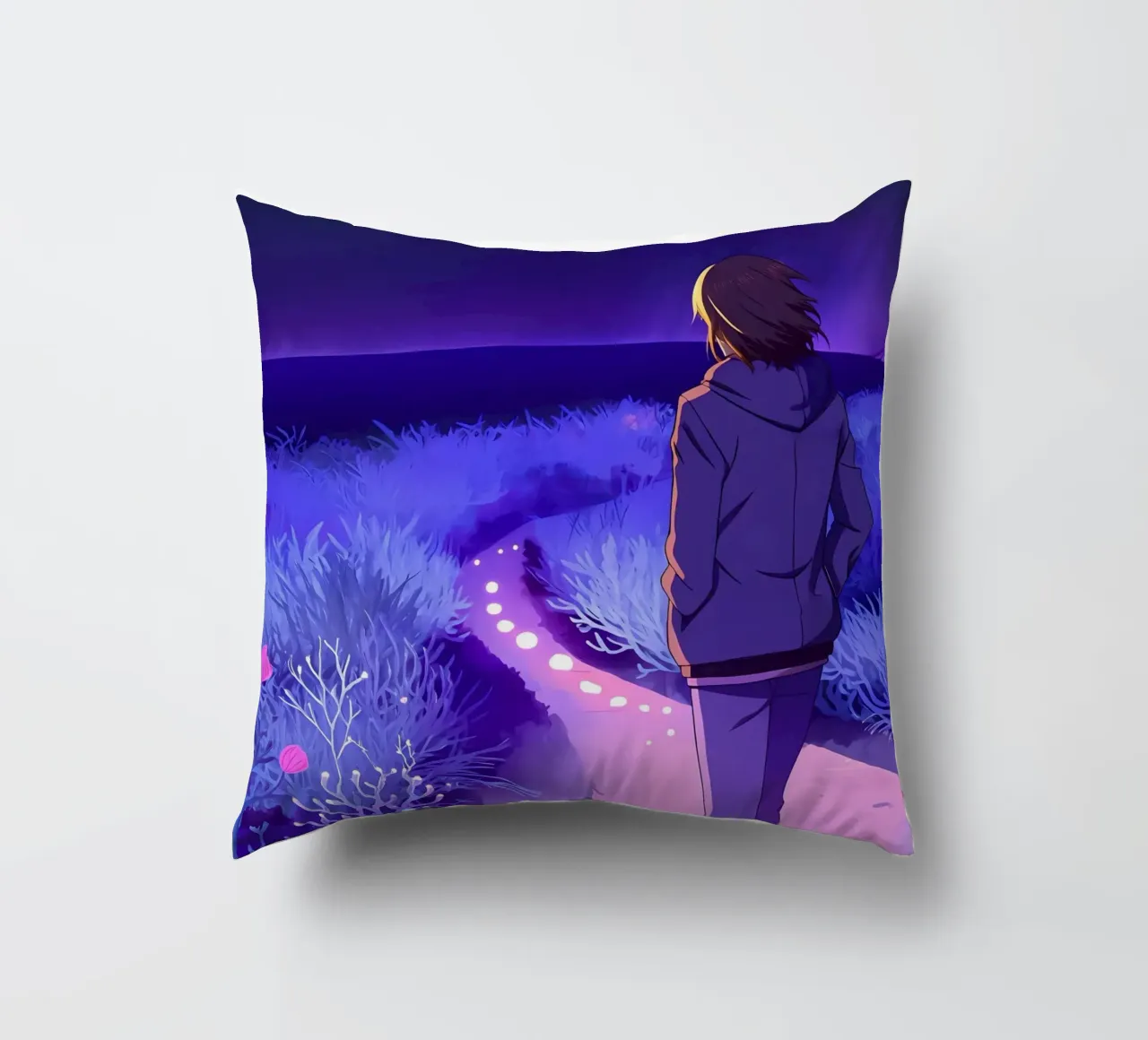 Un ragazzo che cammina lungo un sentiero di notte silenziosa Lofi Art cuscino da LoFi Gallery