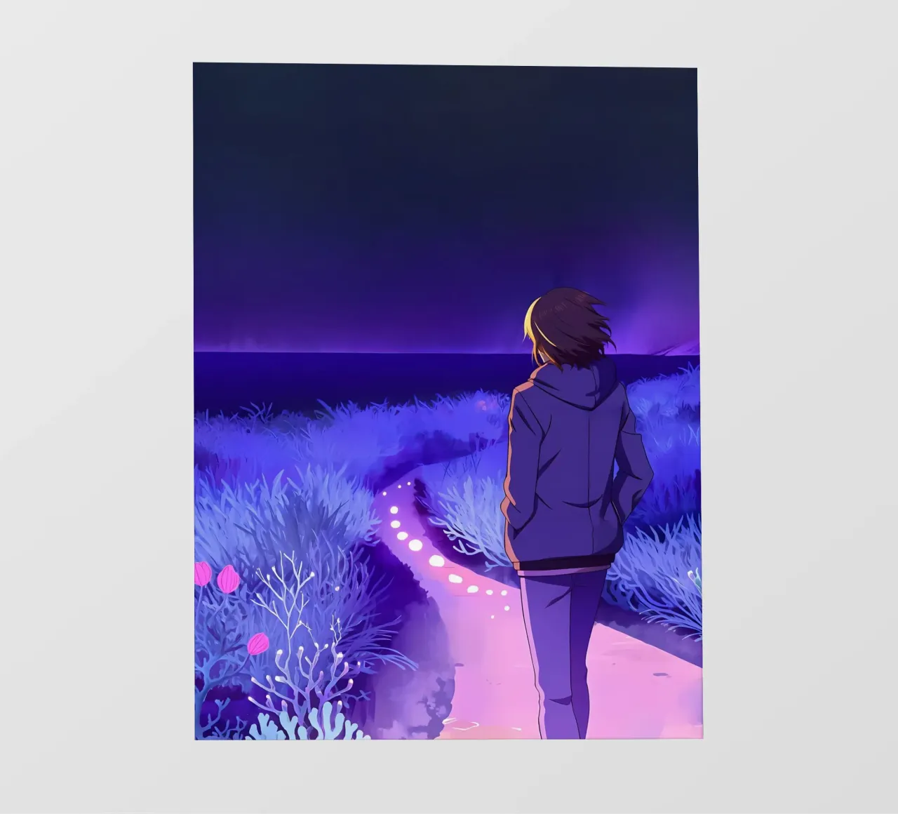 Un ragazzo che cammina lungo un sentiero di notte silenziosa Lofi Art telo in pvc da LoFi Gallery