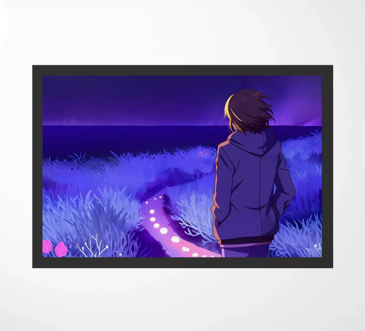 Un garçon marchant sur le chemin d'une nuit silencieuse Lofi Art paillasson de LoFi Gallery