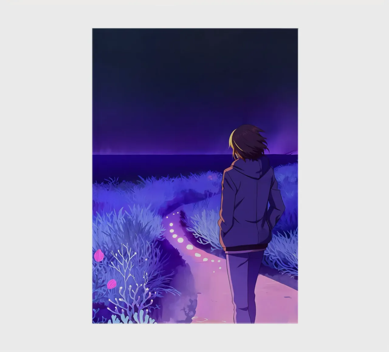 Un ragazzo che cammina lungo un sentiero di notte silenziosa Lofi Art diario da LoFi Gallery