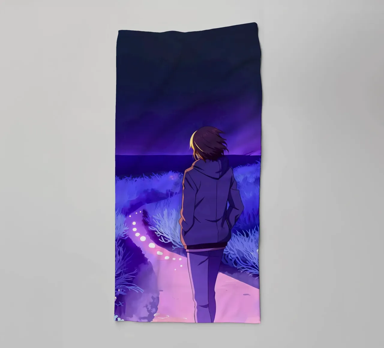 A Boy Walking Through A Silent Night Path Lofi Art towel by LoFi Gallery
