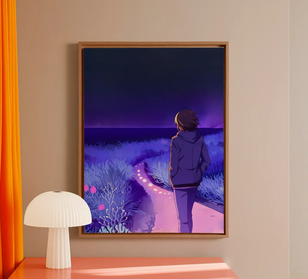 Un ragazzo che cammina lungo un sentiero di notte silenziosa Lofi Art tela con Cornice a cassetta da LoFi Gallery