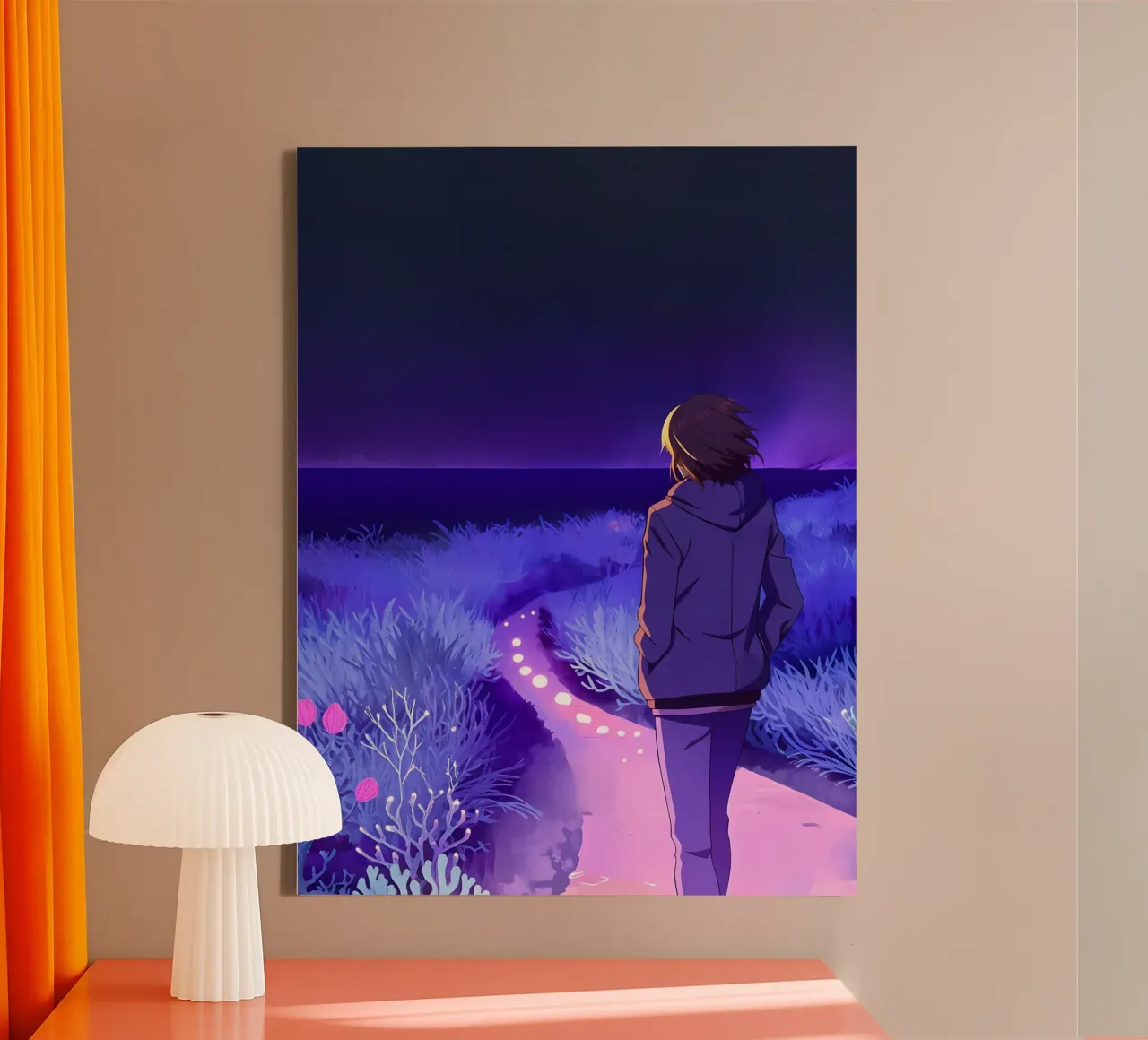 Un ragazzo che cammina lungo un sentiero di notte silenziosa Lofi Art tela con Cornice a cassetta da LoFi Gallery