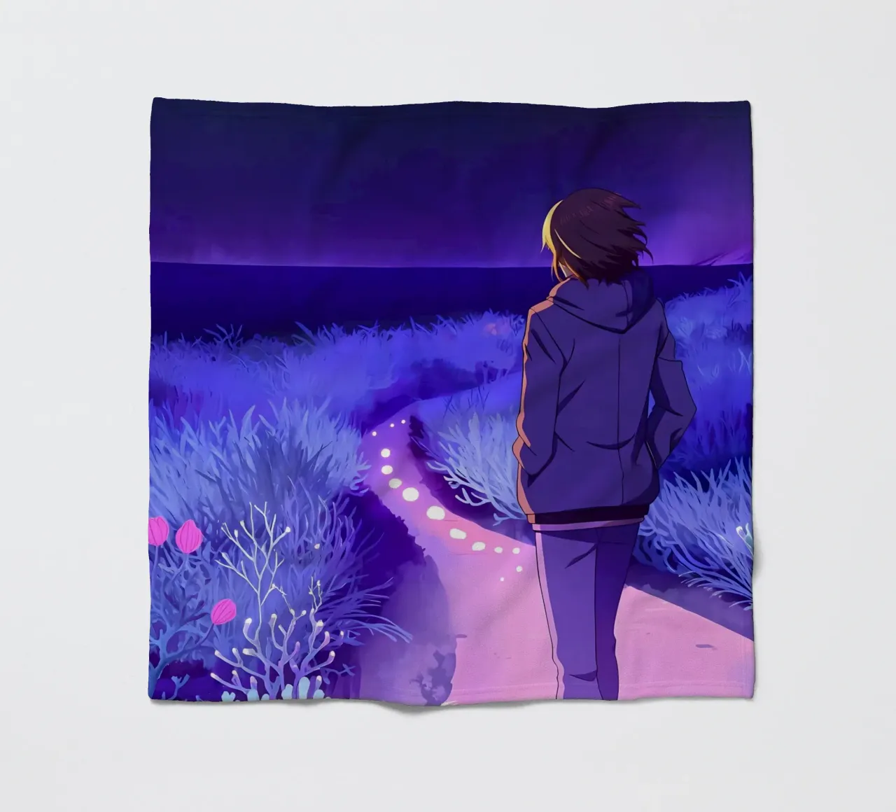 Un ragazzo che cammina lungo un sentiero di notte silenziosa Lofi Art coperta in pile da LoFi Gallery