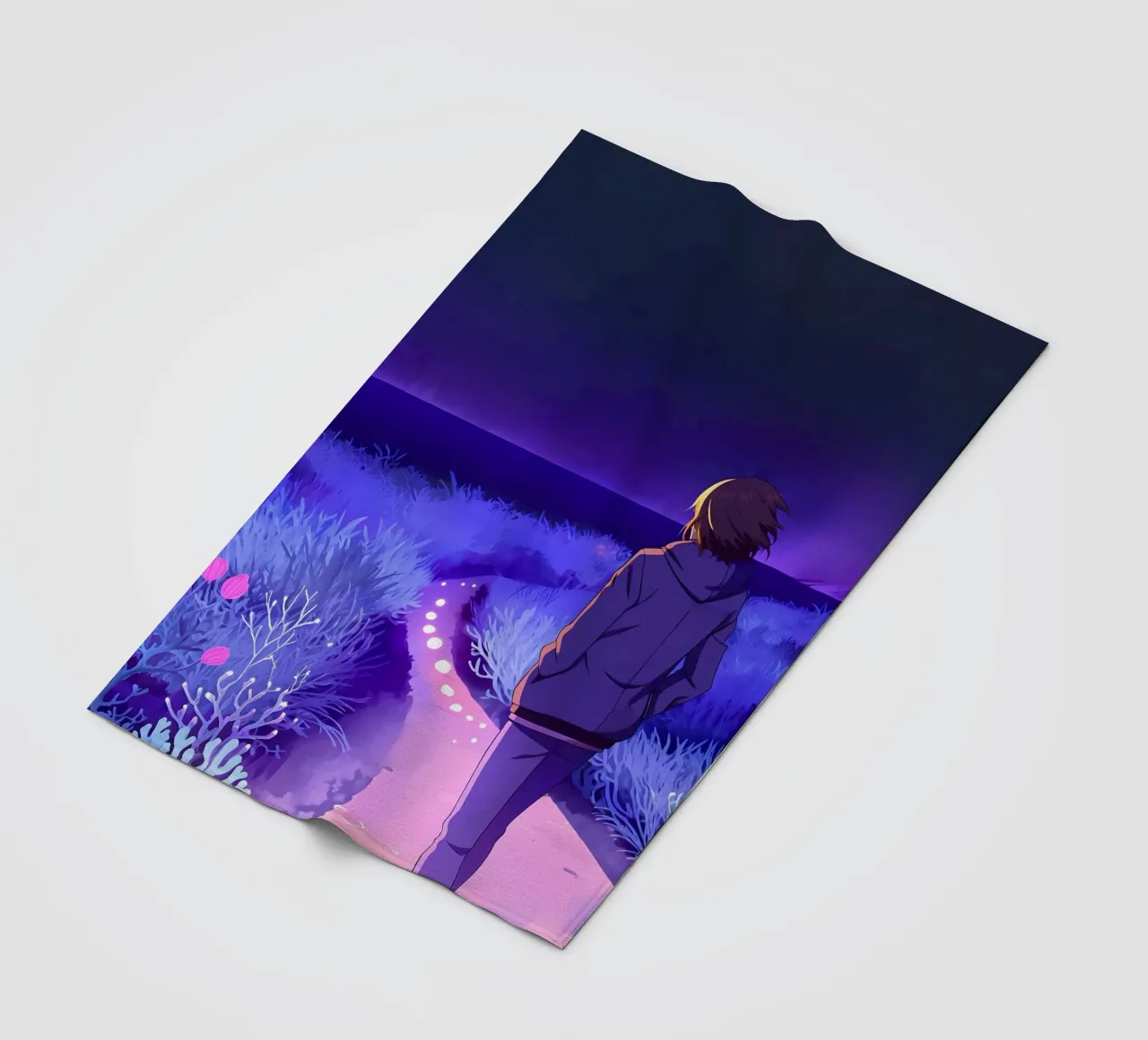 Un ragazzo che cammina lungo un sentiero di notte silenziosa Lofi Art coperta in pile da LoFi Gallery