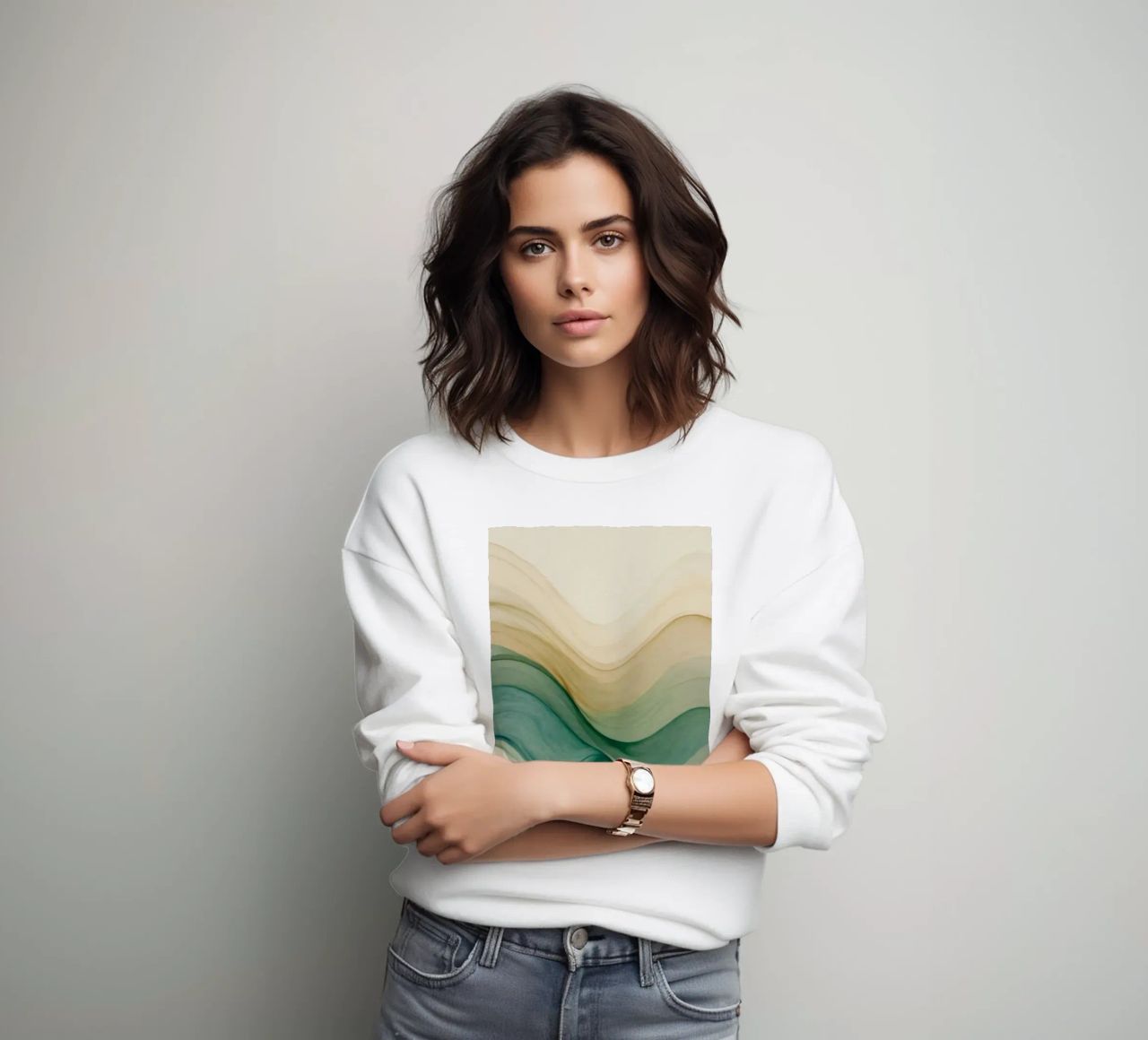 Elegant abstract waves in soft tones create a calming art sweatshirt by DesignDoodle
