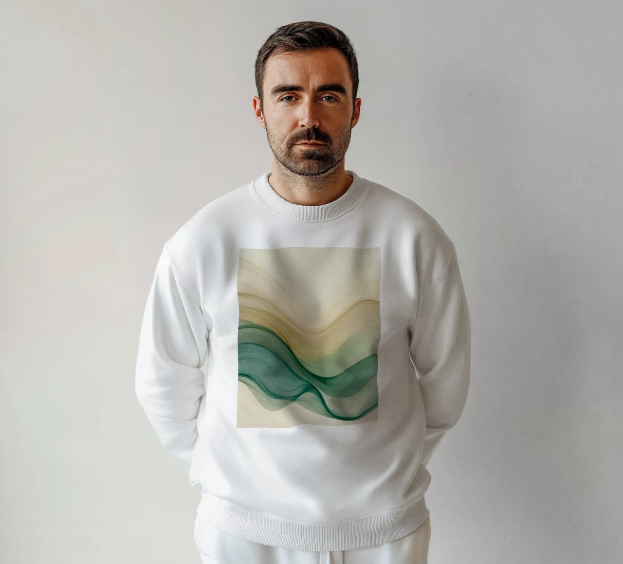 Elegant abstract waves in soft tones create a calming art sweatshirt by DesignDoodle