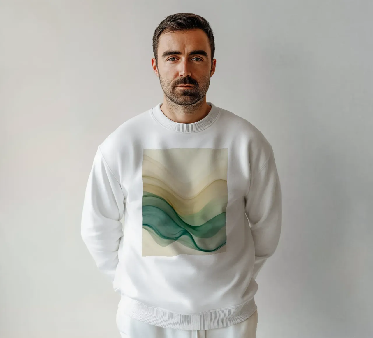 Elegant abstract waves in soft tones create a calming art sweatshirt by DesignDoodle