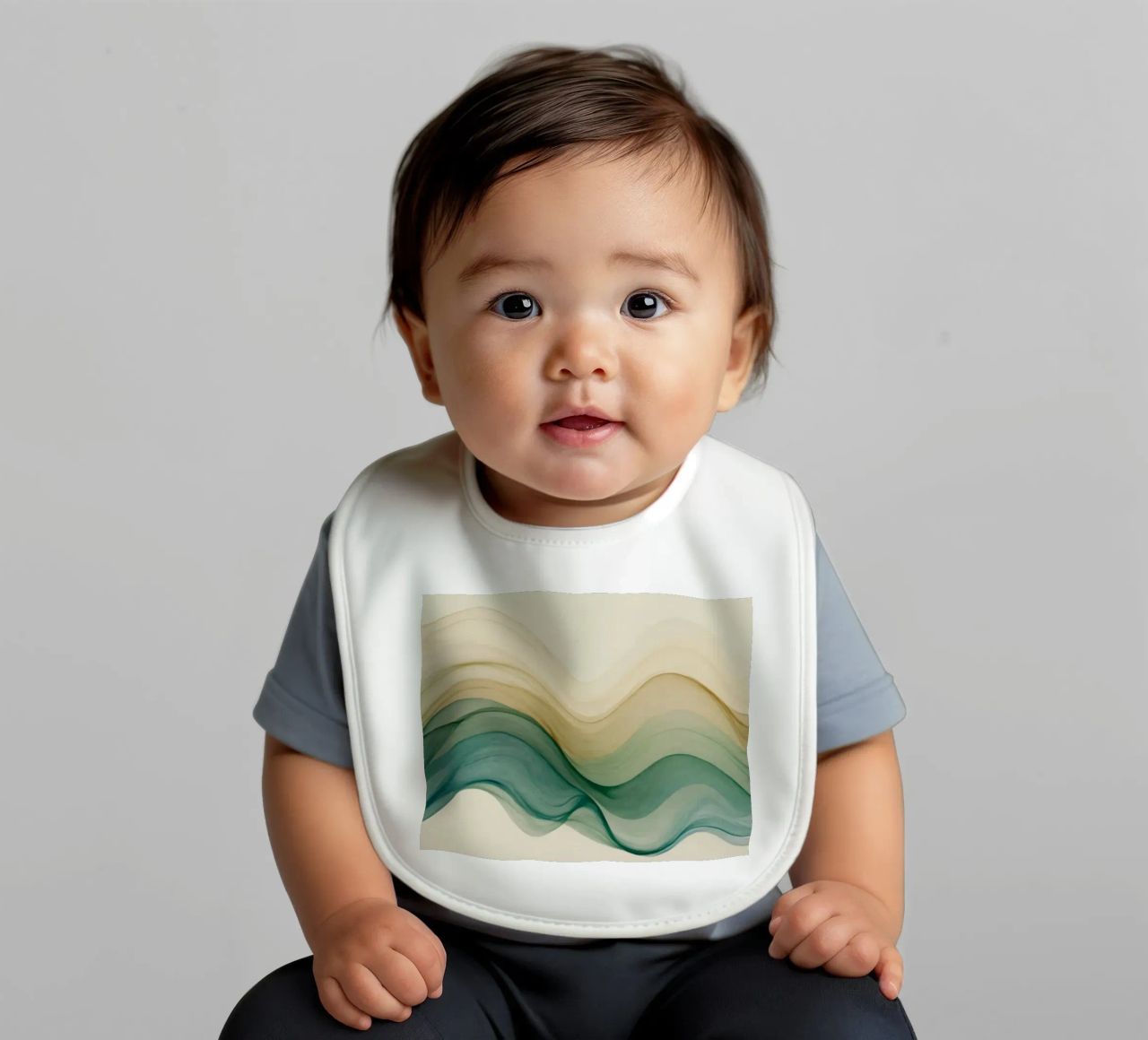 Elegant abstract waves in soft tones create a calming art baby bib by DesignDoodle