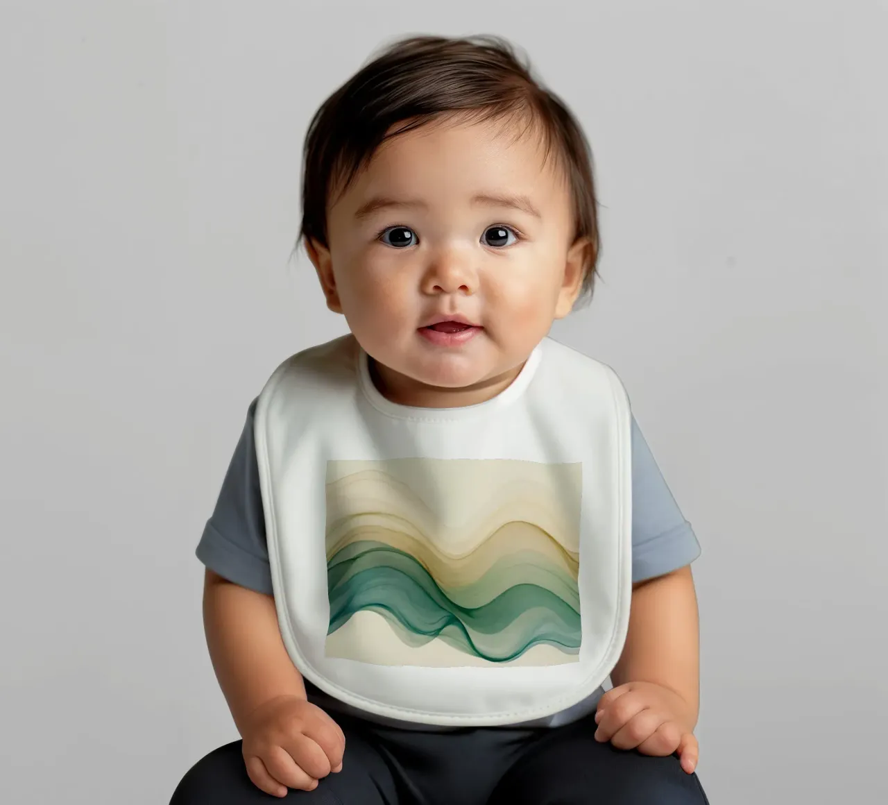 Elegant abstract waves in soft tones create a calming art baby bib by DesignDoodle