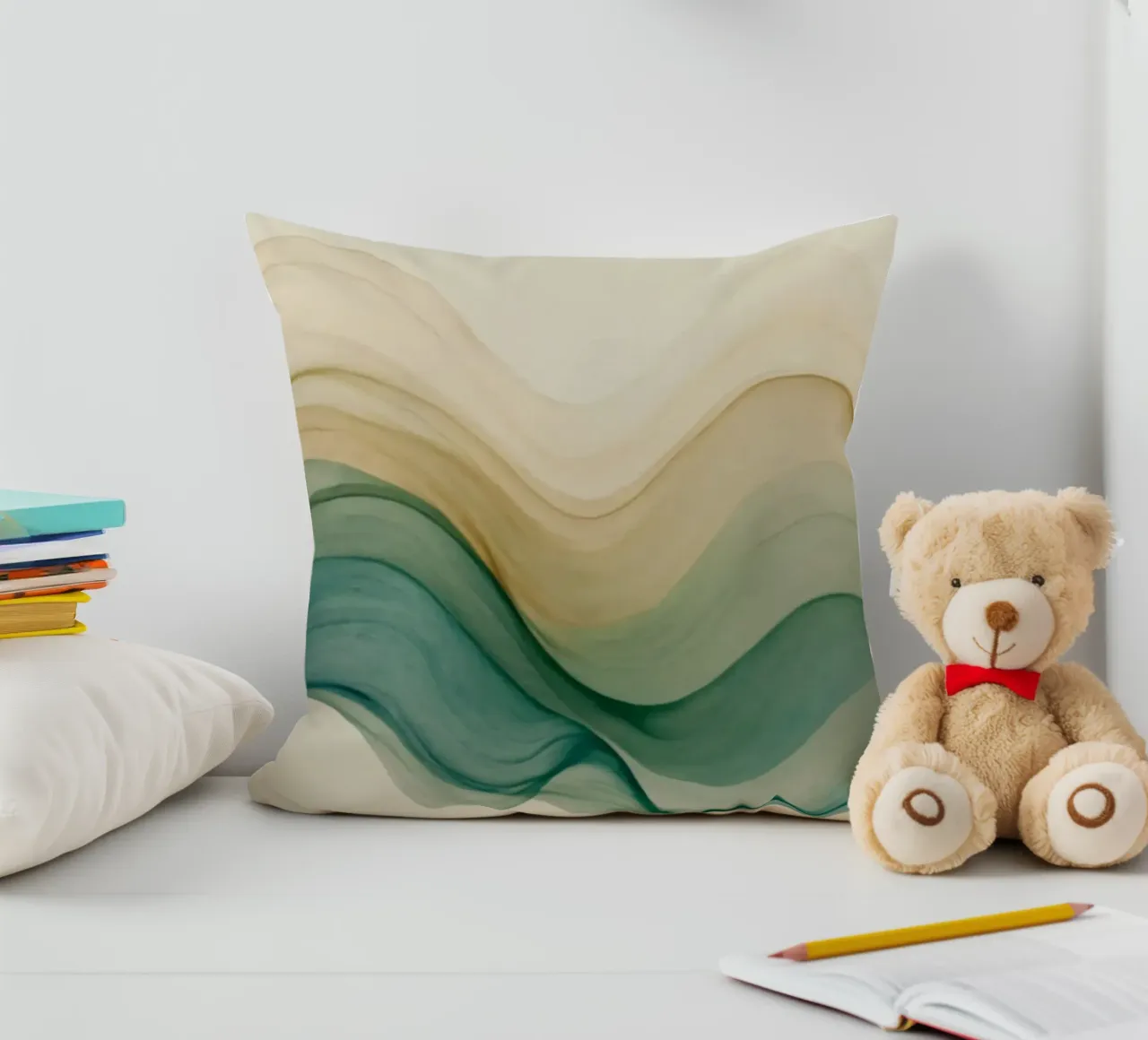 Elegant abstract waves in soft tones create a calming art decorative cushion by DesignDoodle