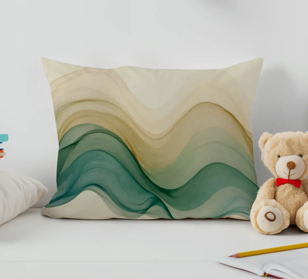 Elegant abstract waves in soft tones create a calming art decorative cushion by DesignDoodle