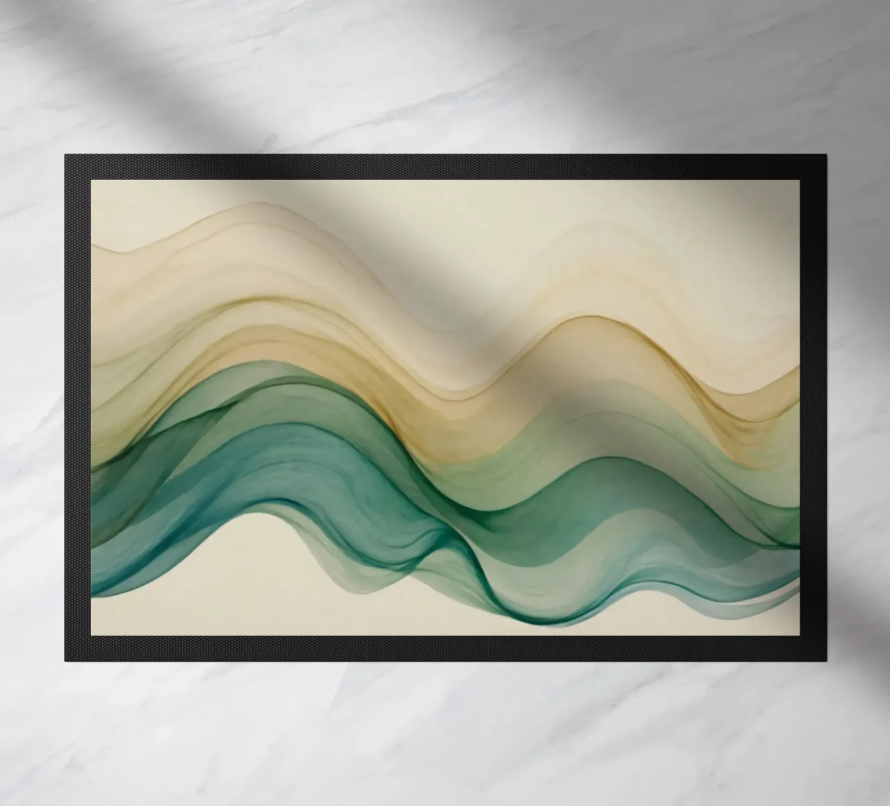 Elegant abstract waves in soft tones create a calming art doormat by DesignDoodle