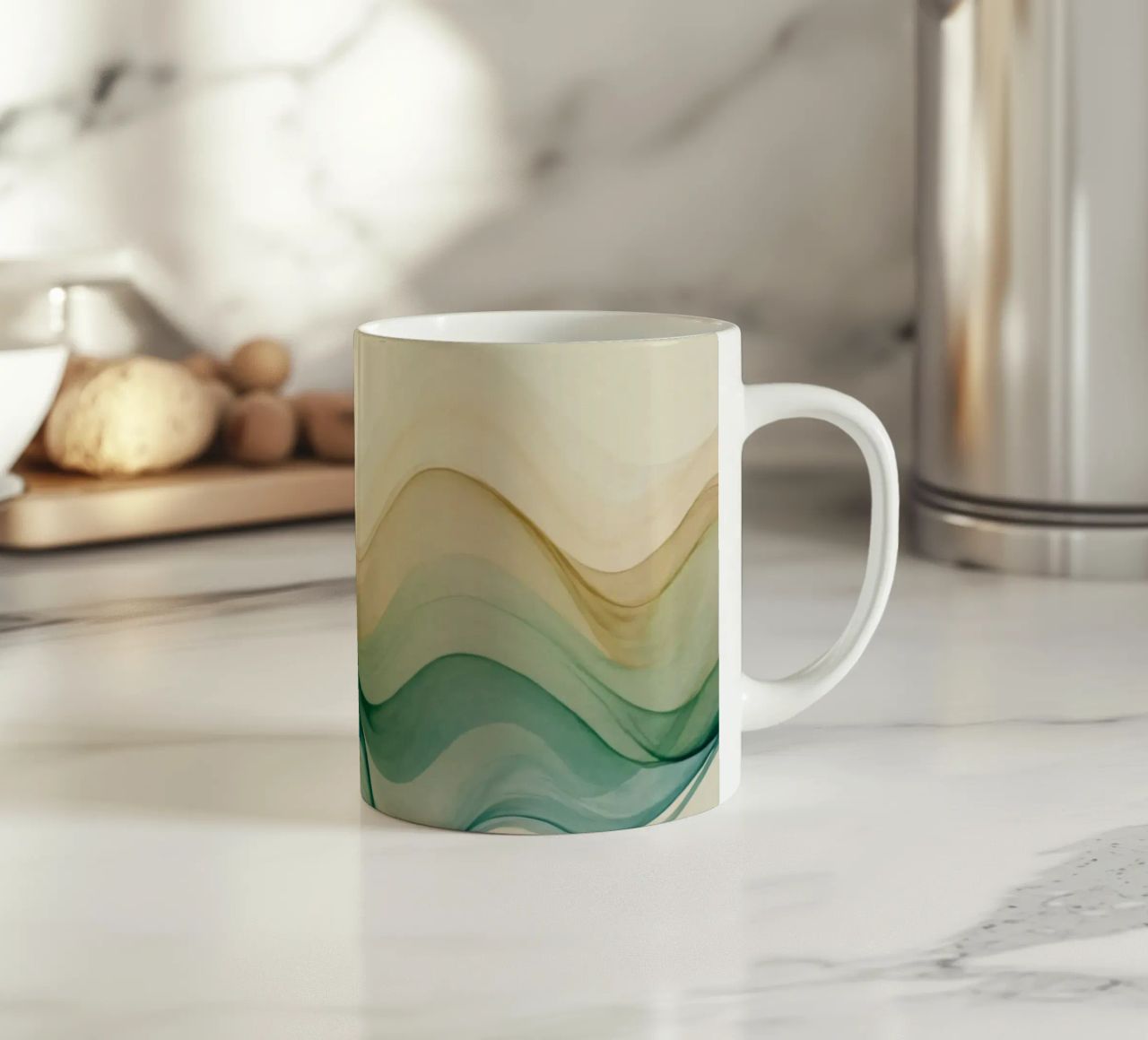 Elegant abstract waves in soft tones create a calming art ceramic mug by DesignDoodle