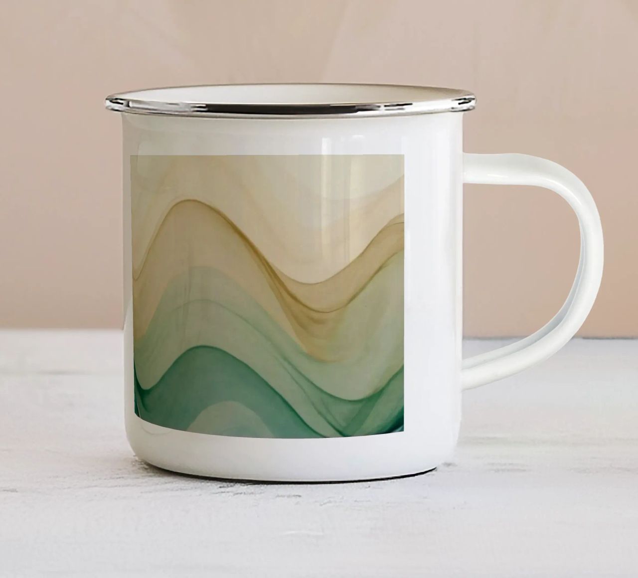 Elegant abstract waves in soft tones create a calming art enamel mug by DesignDoodle