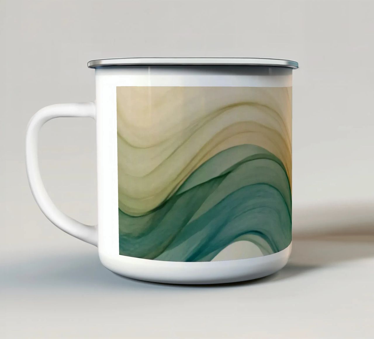 Elegant abstract waves in soft tones create a calming art enamel mug by DesignDoodle