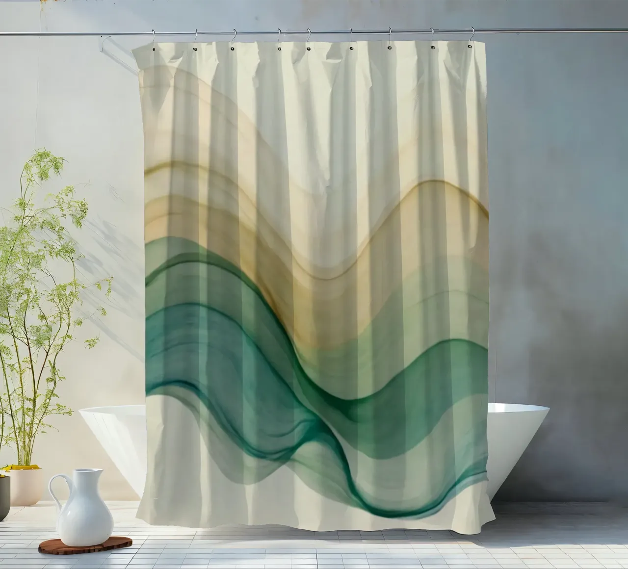 Elegant abstract waves in soft tones create a calming art shower curtain by DesignDoodle