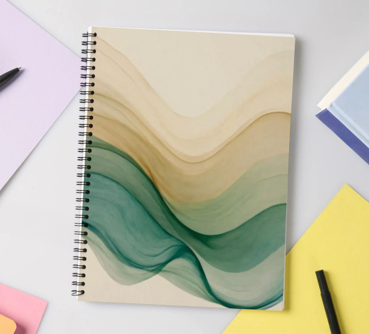 Elegant abstract waves in soft tones create a calming art spiral notebook by DesignDoodle