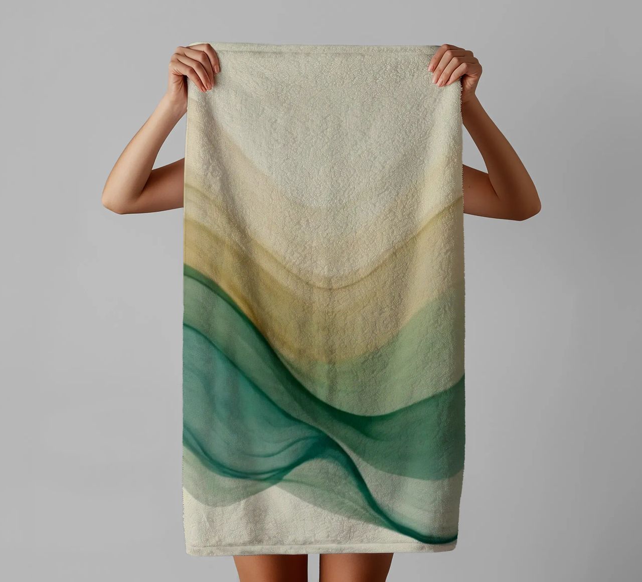 Elegant abstract waves in soft tones create a calming art towel by DesignDoodle