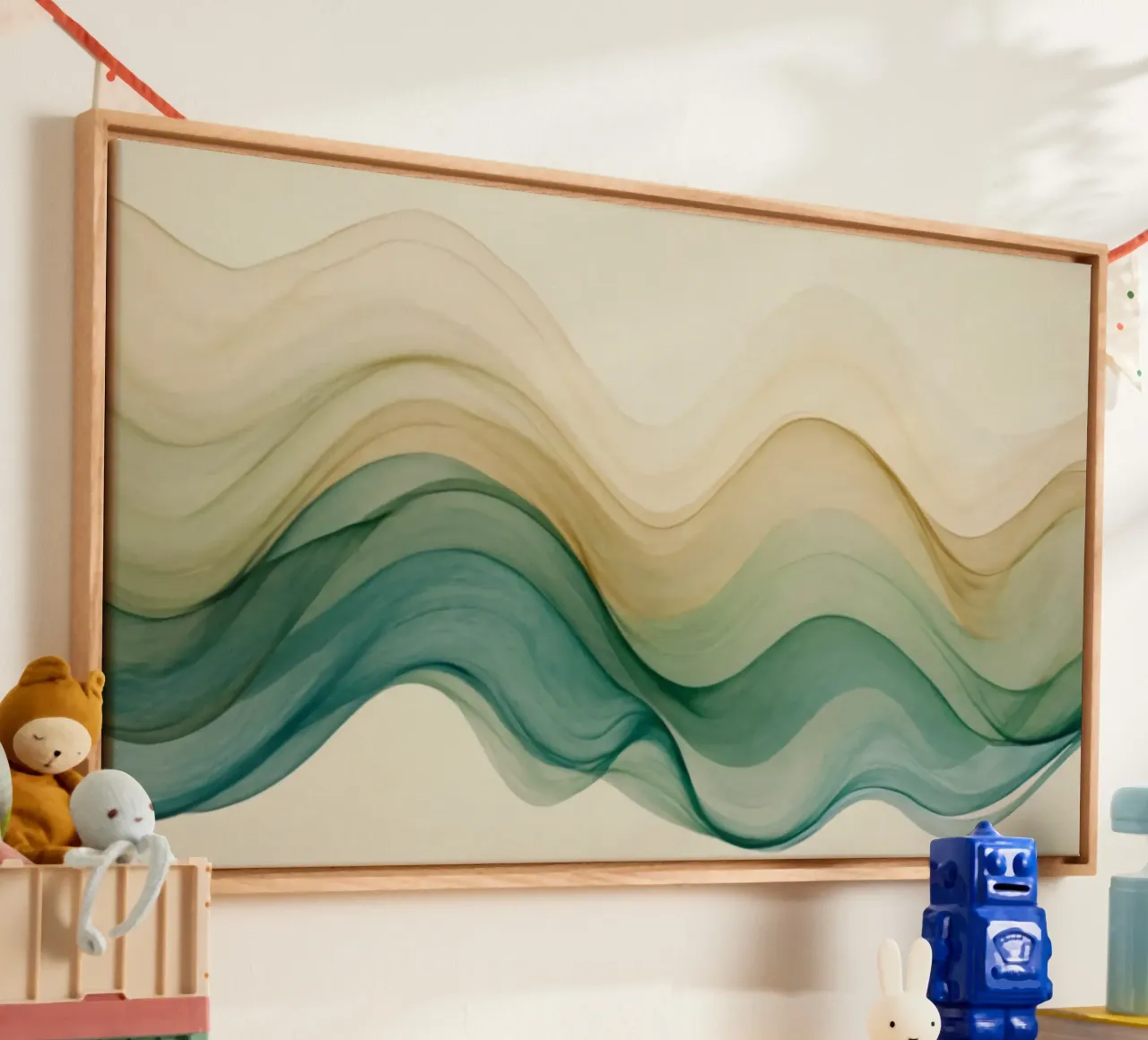 Elegant abstract waves in soft tones create a calming art canvas with Floater frame by DesignDoodle