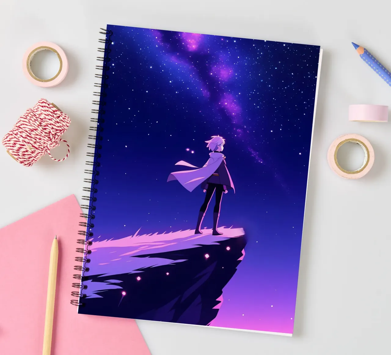 A Person Standing At Mountain Cliff Looking Sky Lofi Art spiral notebook by LoFi Gallery