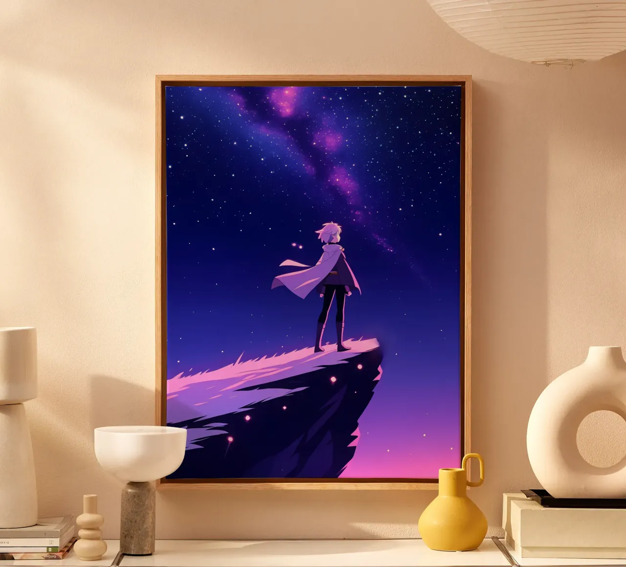 A Person Standing At Mountain Cliff Looking Sky Lofi Art canvas with Floater frame by LoFi Gallery