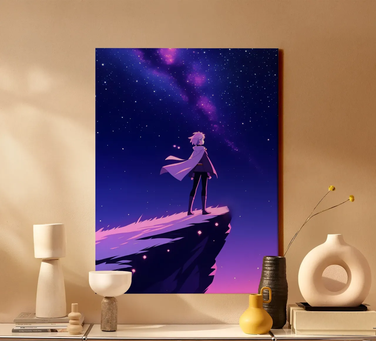 A Person Standing At Mountain Cliff Looking Sky Lofi Art canvas with Floater frame by LoFi Gallery