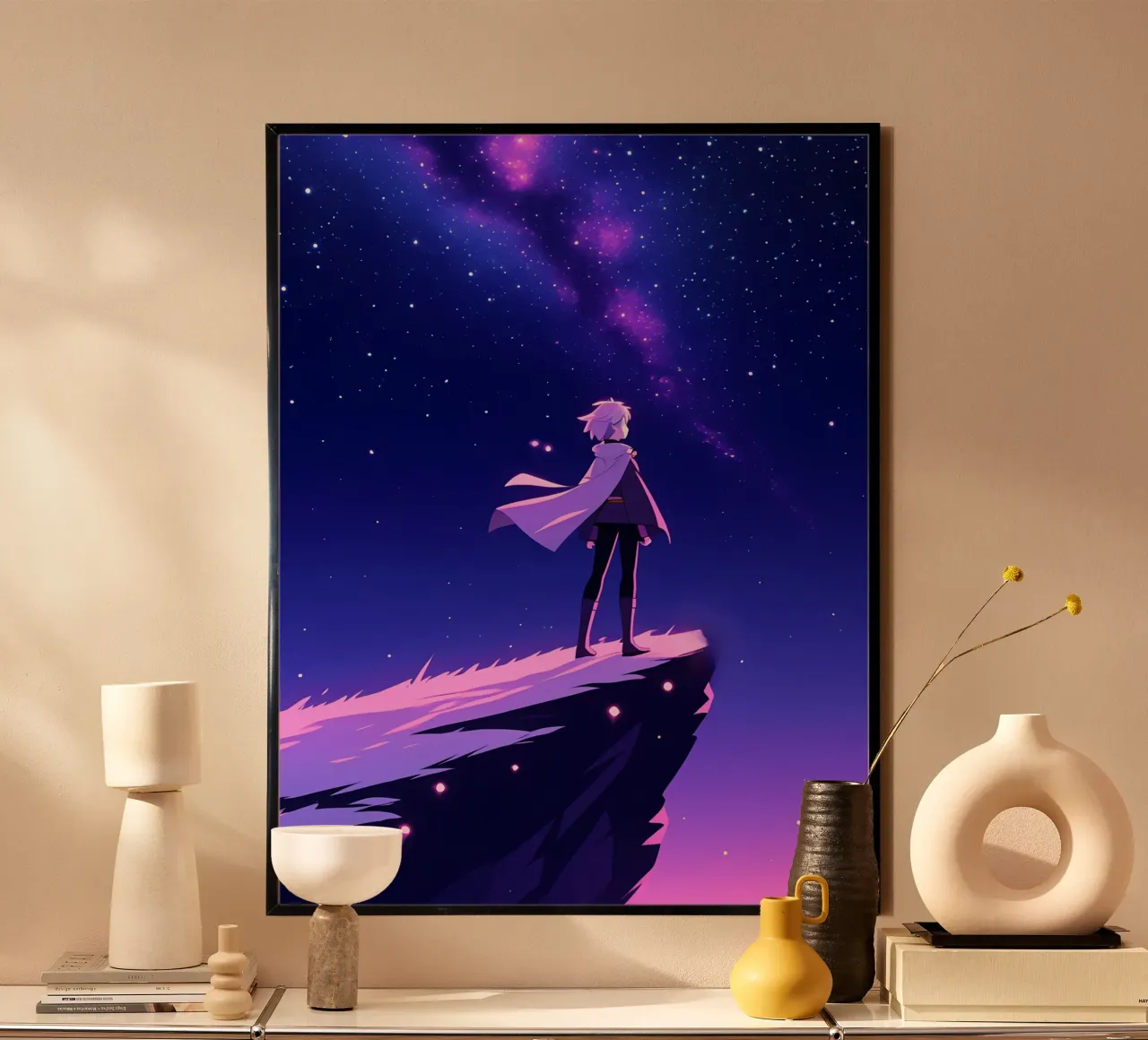 A Person Standing At Mountain Cliff Looking Sky Lofi Art hahnemühle by LoFi Gallery
