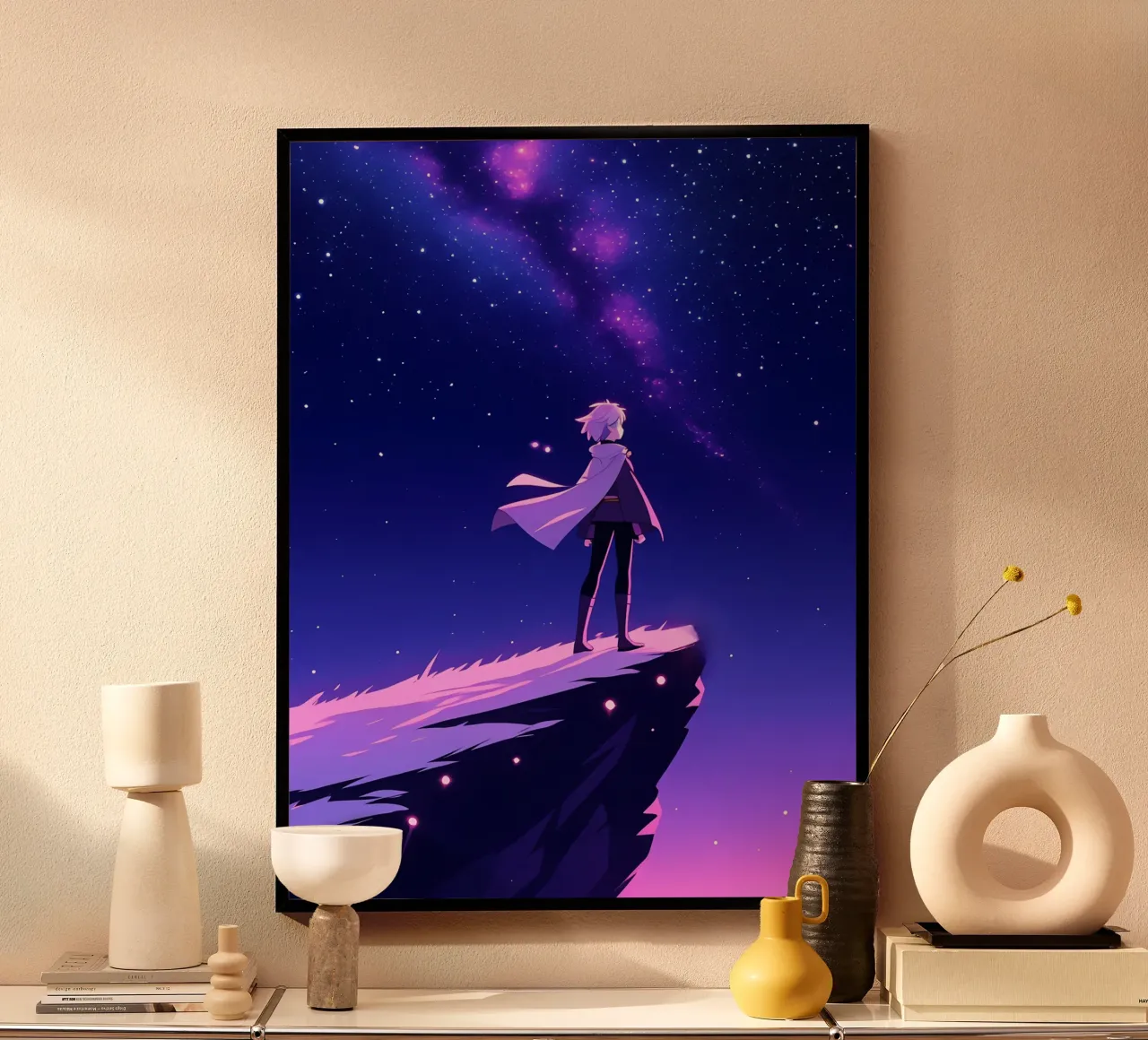 A Person Standing At Mountain Cliff Looking Sky Lofi Art hahnemühle by LoFi Gallery