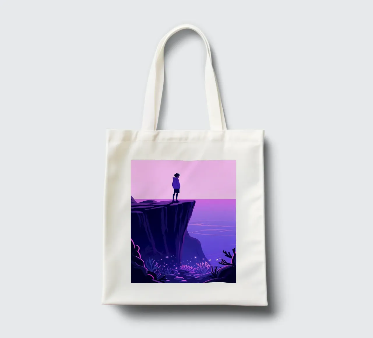Eine Person stehend am Ozean Klippe in Abendhimmel Lofi Kunst Jutebeutel von LoFi Gallery