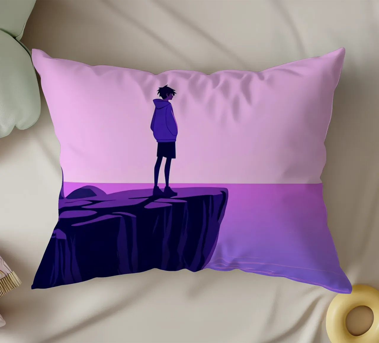Eine Person stehend am Ozean Klippe in Abendhimmel Lofi Kunst Kissen von LoFi Gallery