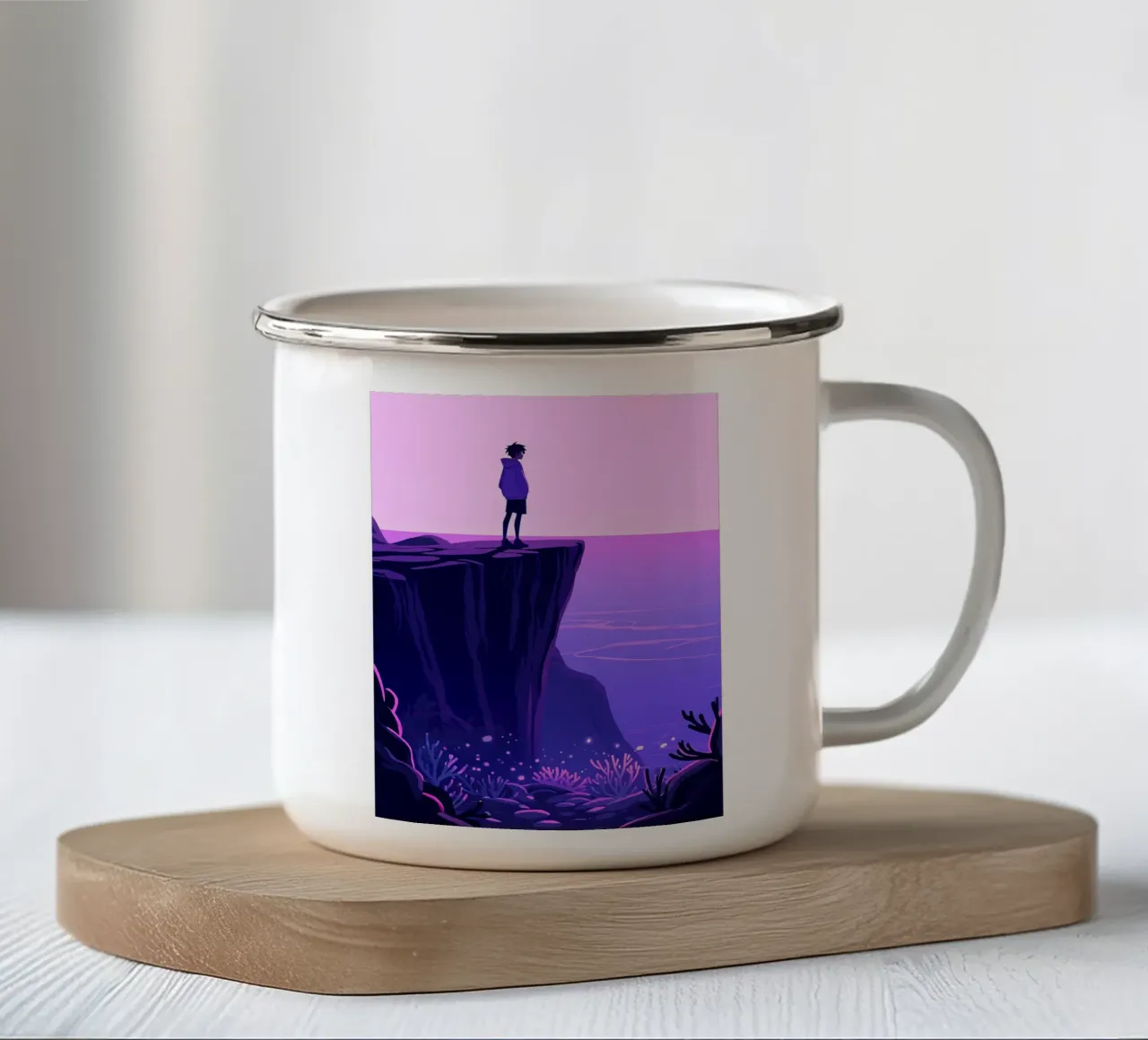 Eine Person stehend am Ozean Klippe in Abendhimmel Lofi Kunst Emaille Tasse von LoFi Gallery