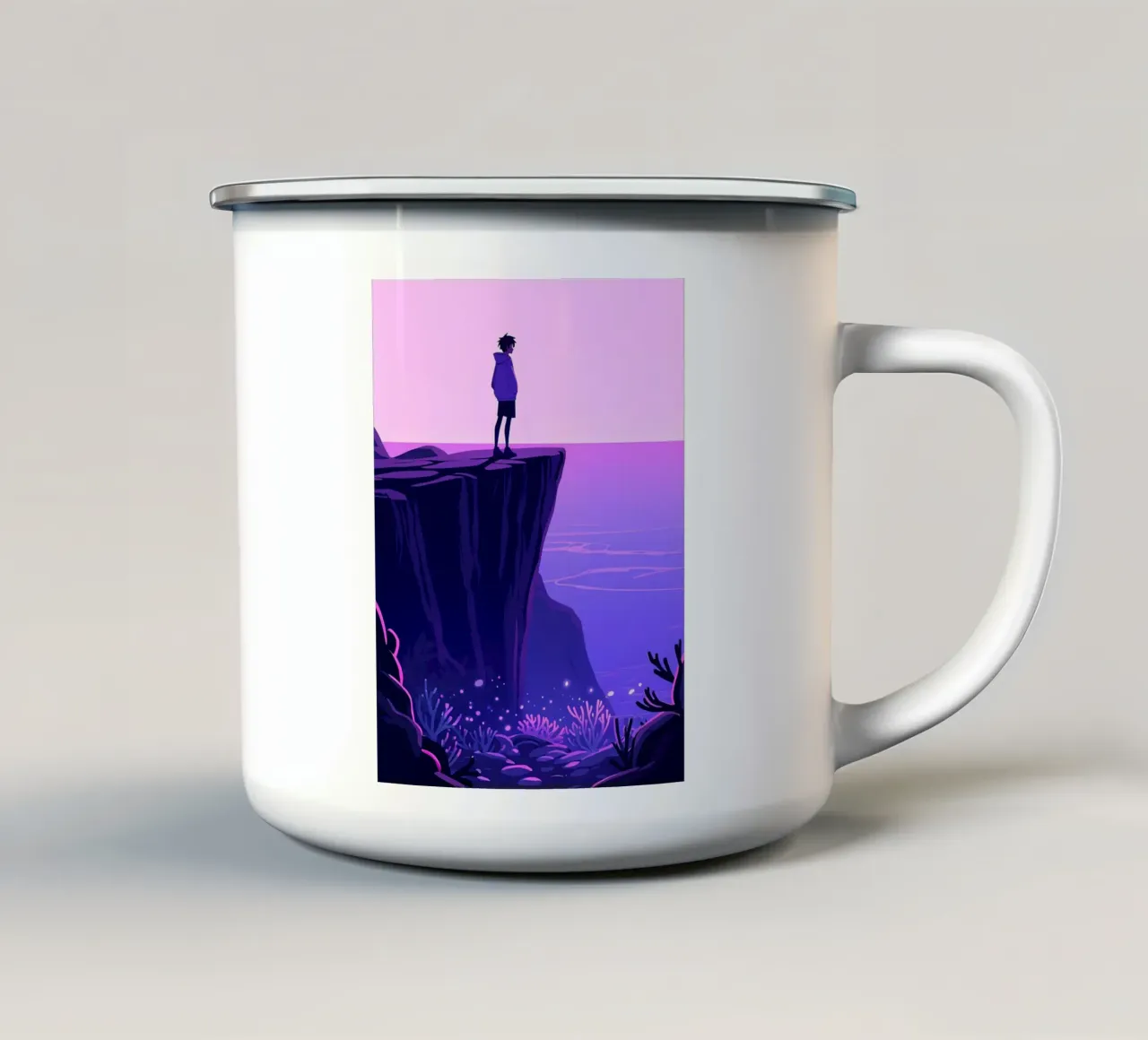Eine Person stehend am Ozean Klippe in Abendhimmel Lofi Kunst Emaille Tasse von LoFi Gallery
