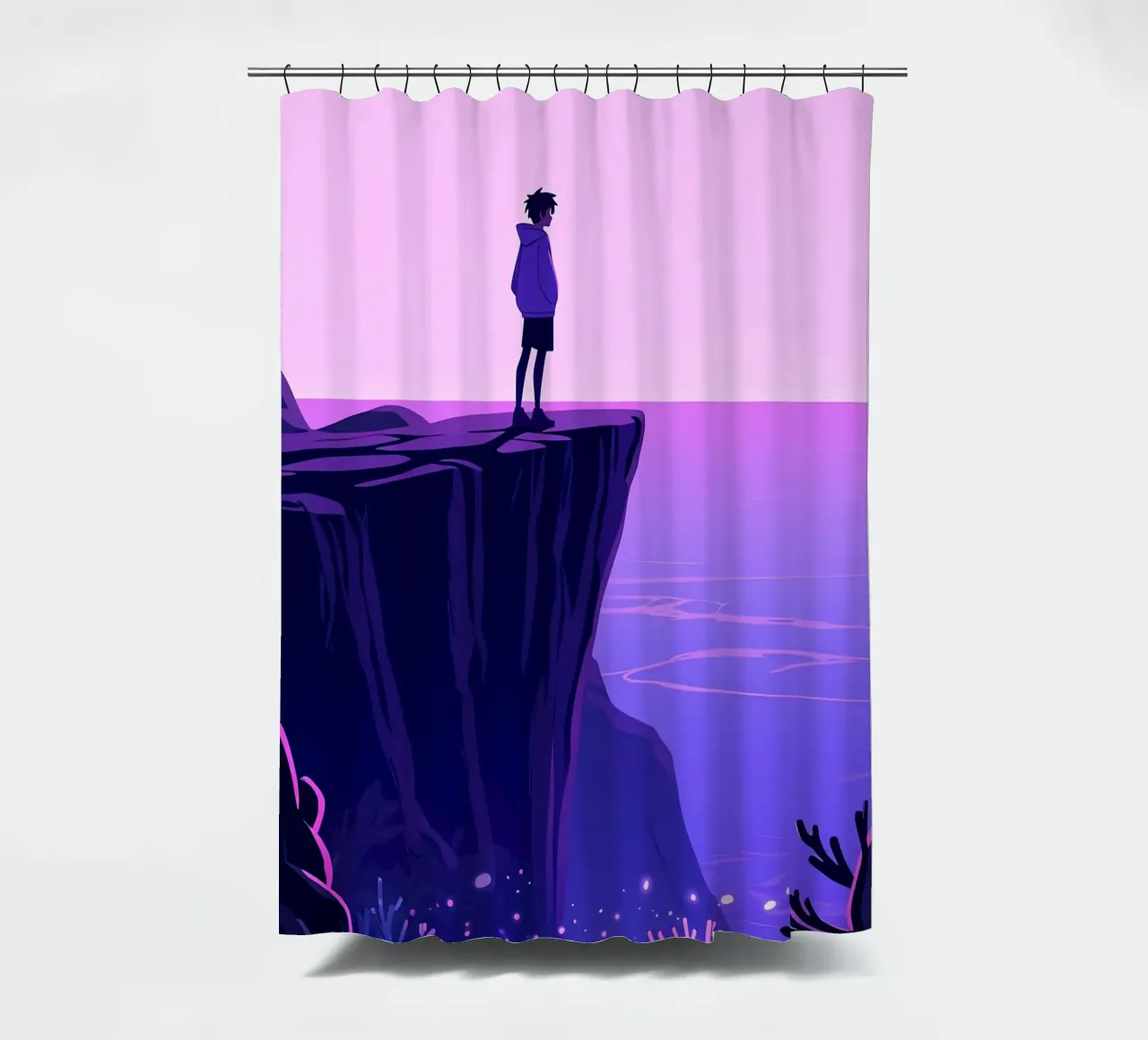 Eine Person stehend am Ozean Klippe in Abendhimmel Lofi Kunst Duschvorhang von LoFi Gallery