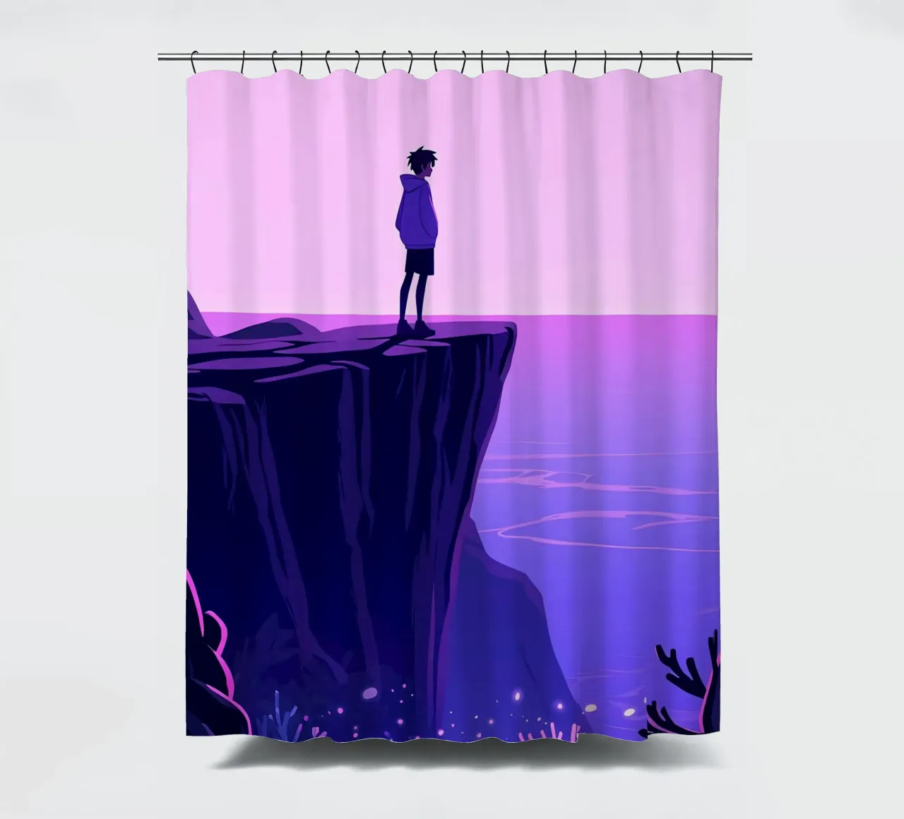 Eine Person stehend am Ozean Klippe in Abendhimmel Lofi Kunst Duschvorhang von LoFi Gallery
