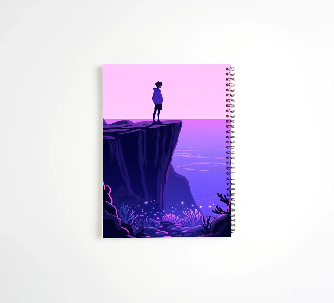 A Person Standing At Ocean Cliff In Evening Sky Lofi Art spiral notebook by LoFi Gallery