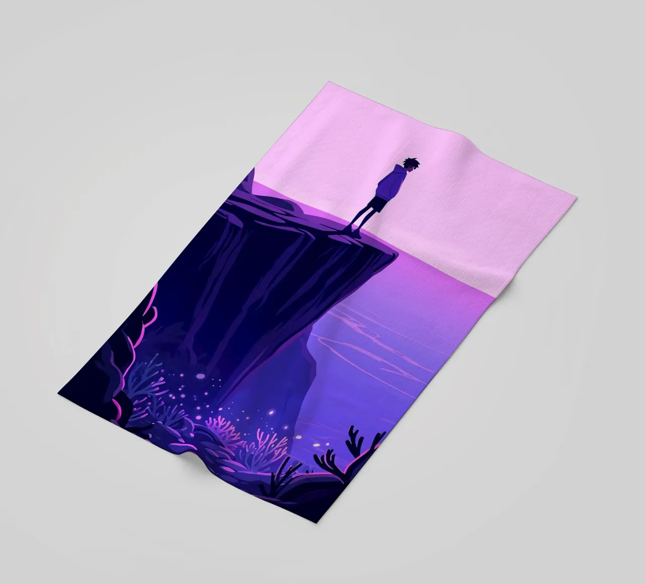 A Person Standing At Ocean Cliff In Evening Sky Lofi Art beach towel by LoFi Gallery