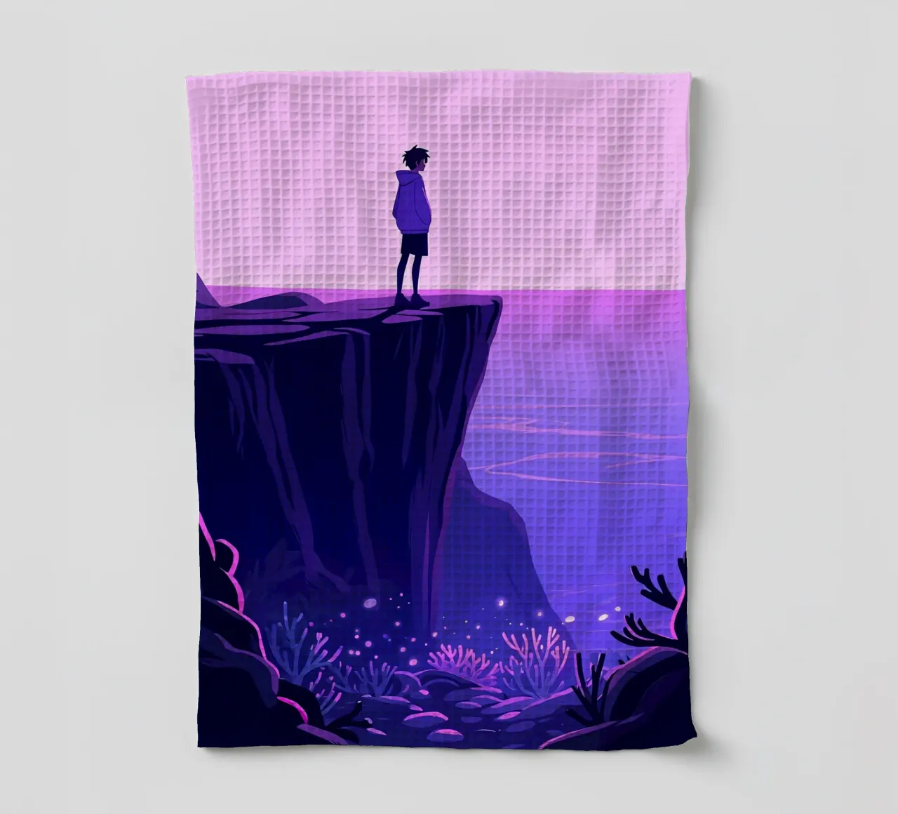 Une personne debout sur une falaise dans le ciel du soir Lofi Art torchon de LoFi Gallery