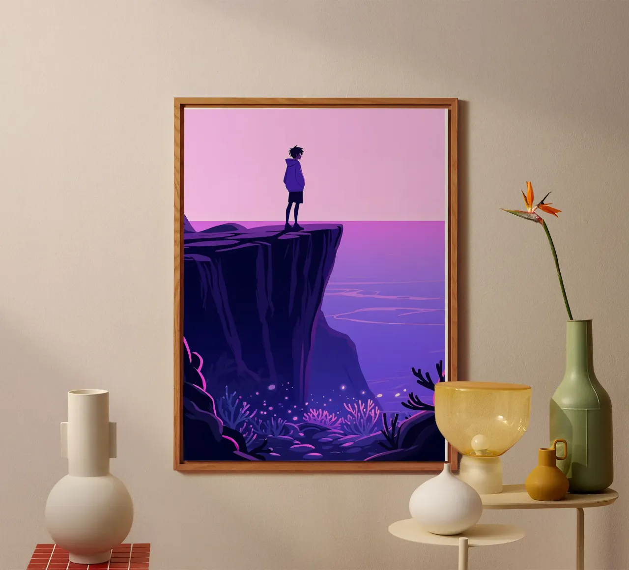 Eine Person stehend am Ozean Klippe in Abendhimmel Lofi Kunst Alu-Dibond von LoFi Gallery