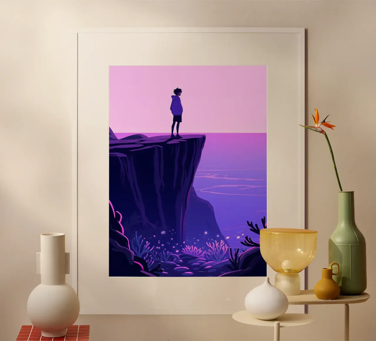 Une personne debout sur une falaise dans le ciel du soir Lofi Art poster de LoFi Gallery