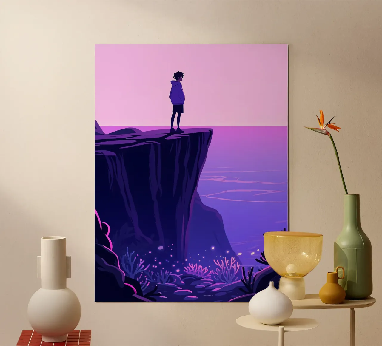 Une personne debout sur une falaise dans le ciel du soir Lofi Art poster de LoFi Gallery