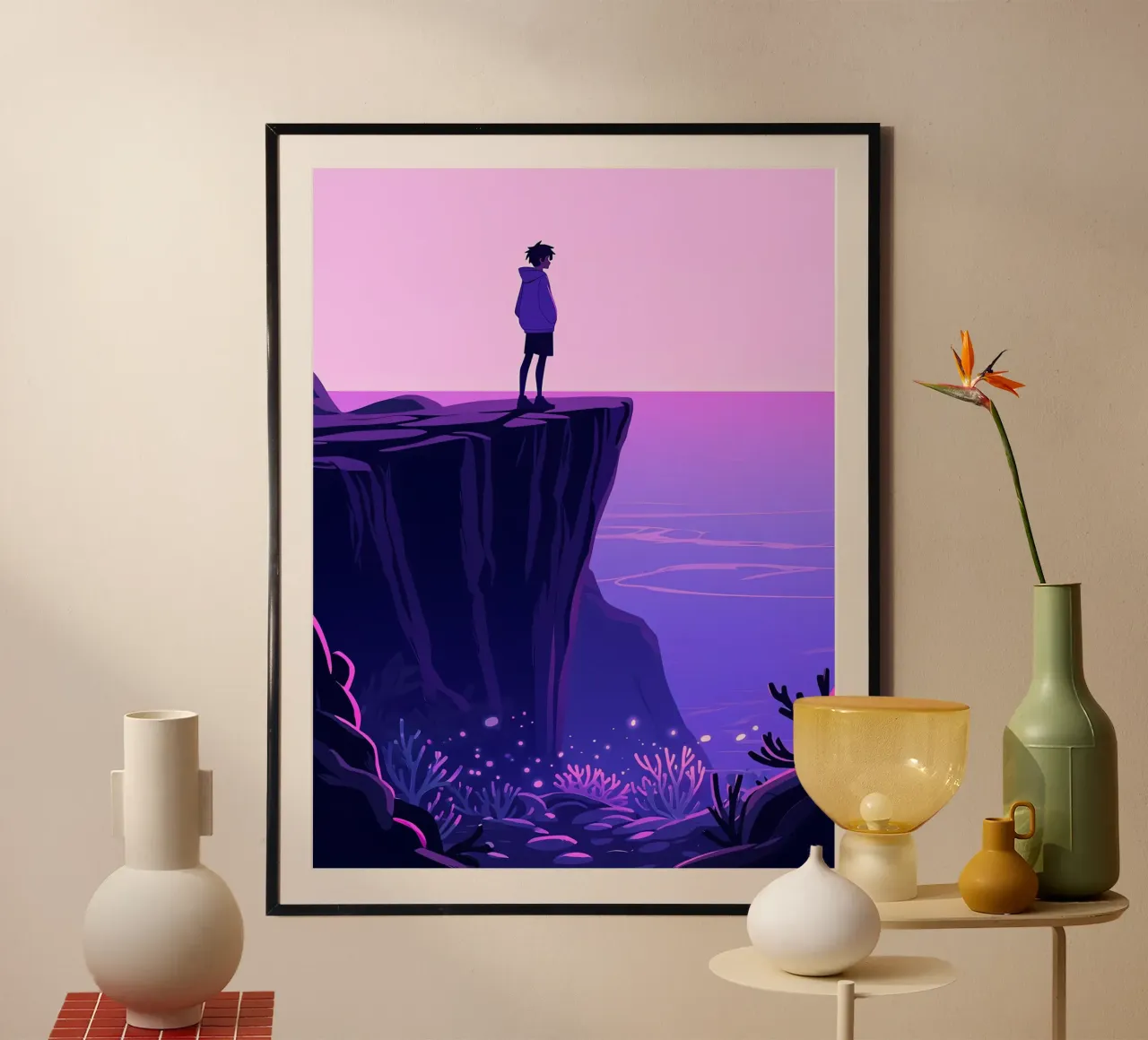 Une personne debout sur une falaise dans le ciel du soir Lofi Art poster de LoFi Gallery