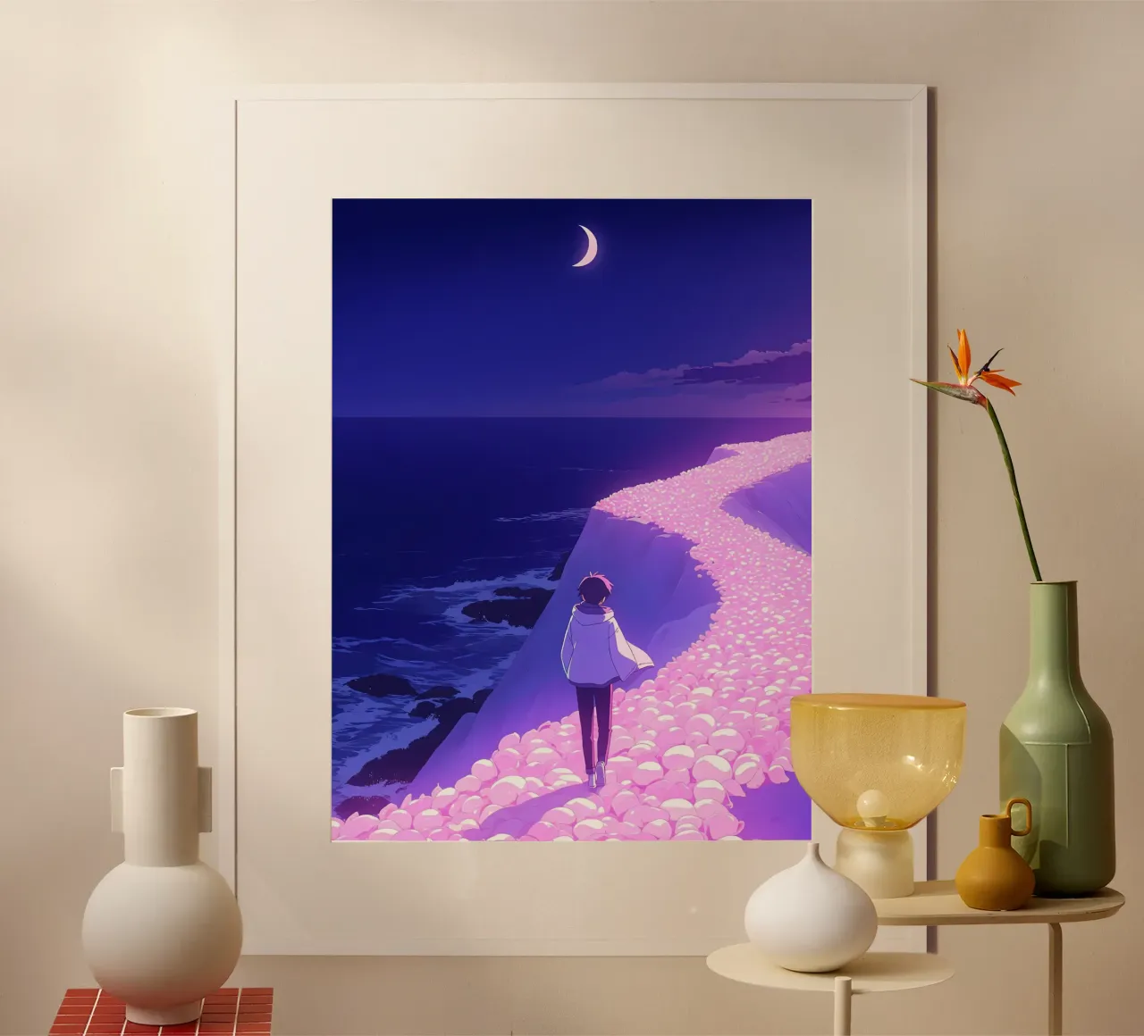 Una persona che cammina attraverso un sentiero floreale sognante Lofi Art poster con telaio in plastica da LoFi Gallery